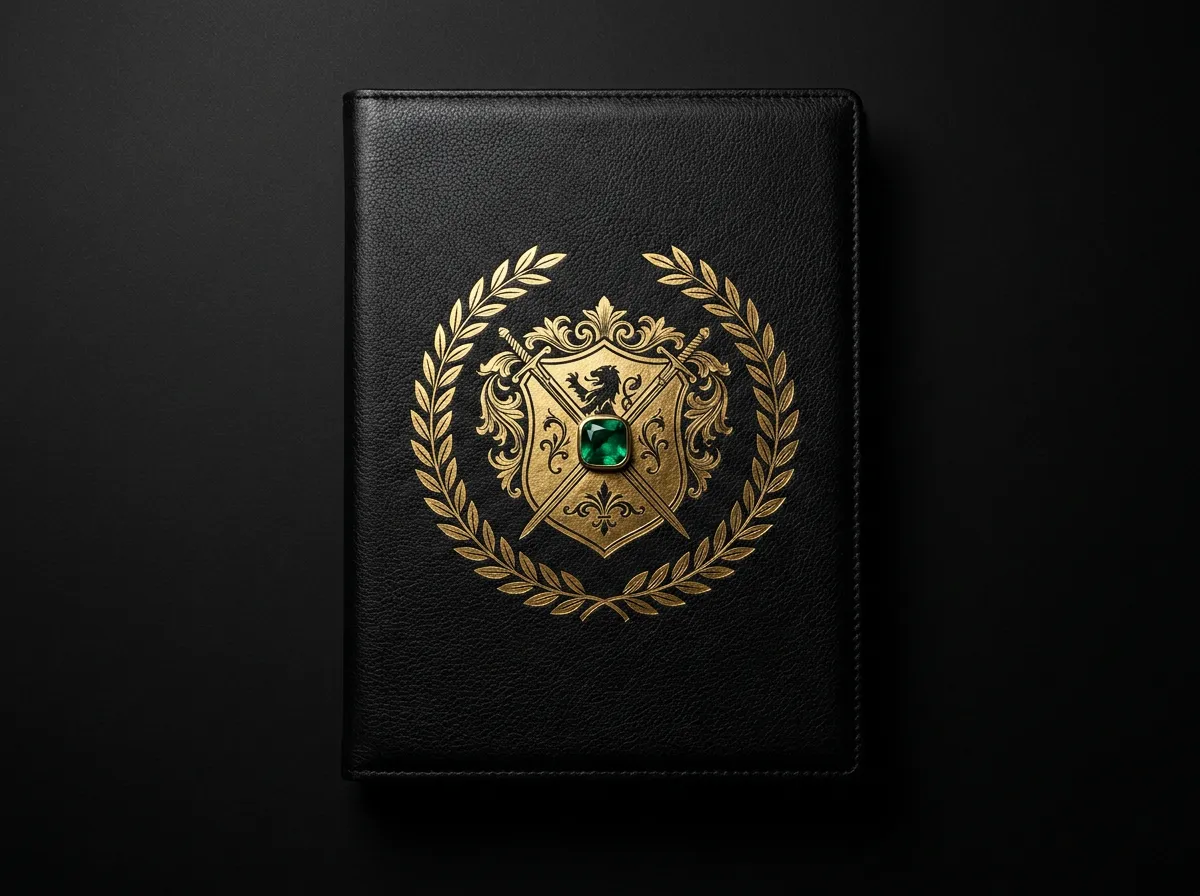 Black leather portfolio embossed with the gold House of Mutahad crest
